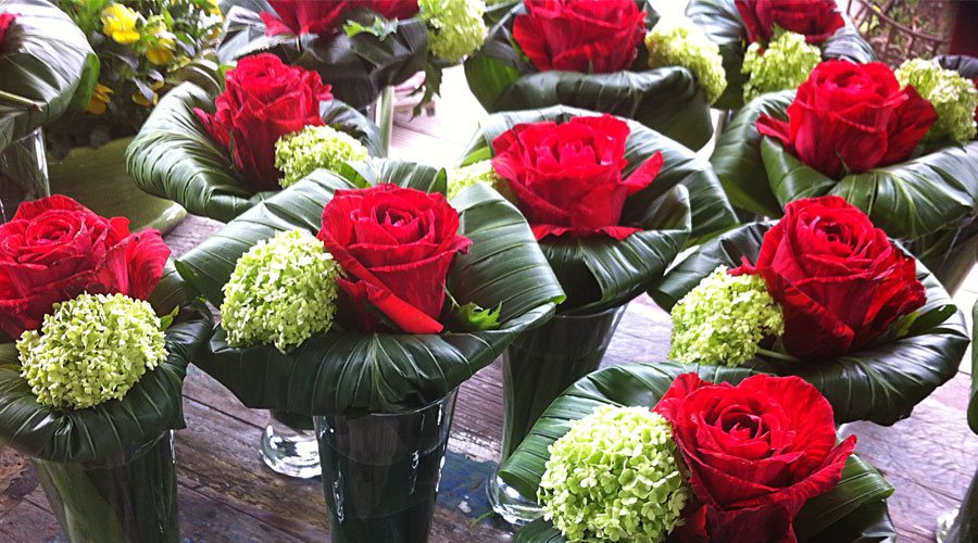 Rote Rosen in grünen Blattmanschetten